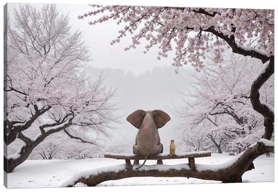 Elephant And Dog Sitting In A Snowy Japanese Garden Canvas Art Print - Mike Kiev