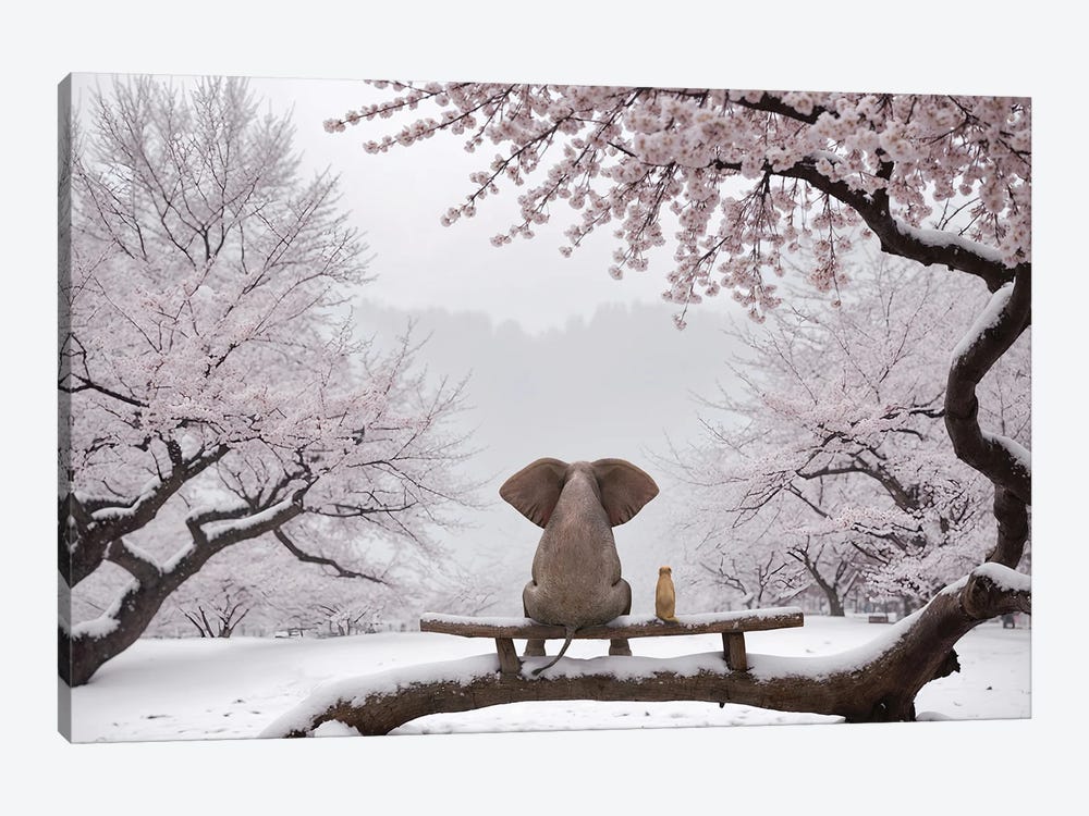 Elephant And Dog Sitting In A Snowy Japanese Garden by Mike Kiev 1-piece Canvas Artwork