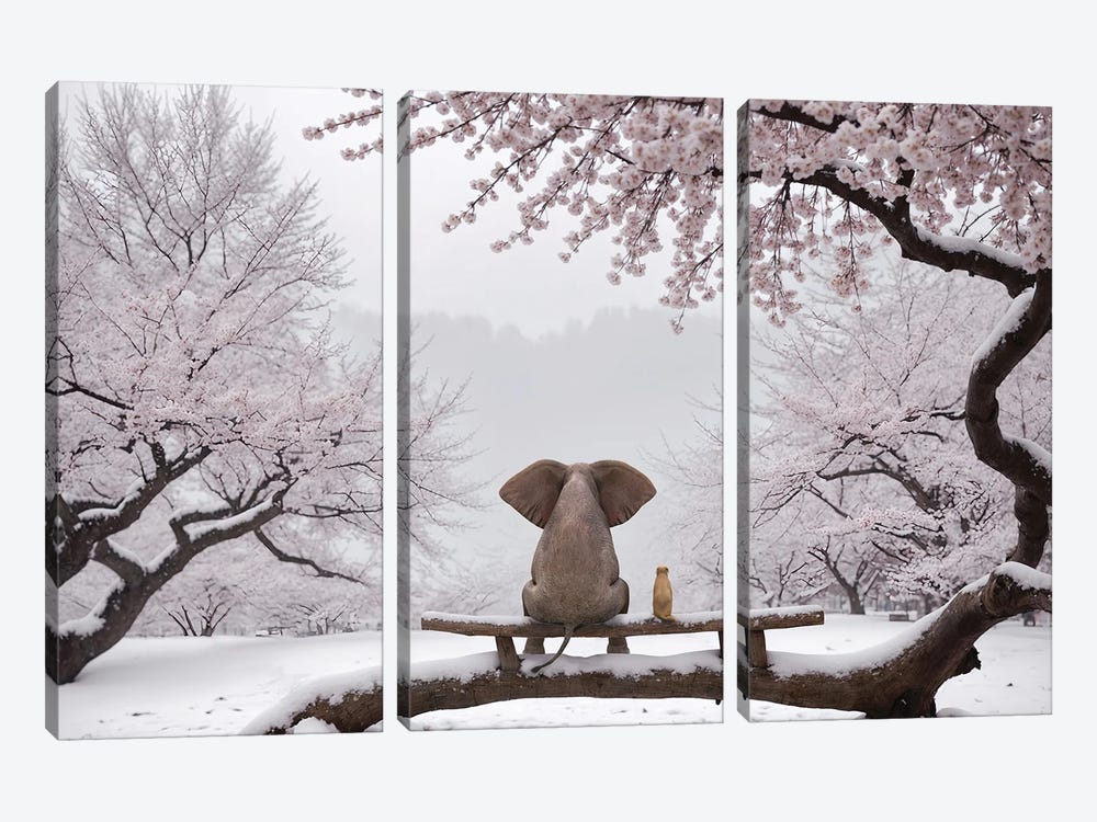 Elephant And Dog Sitting In A Snowy Japanese Garden by Mike Kiev 3-piece Canvas Wall Art