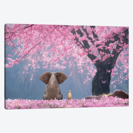 Elephant And Dog Sits Under Cherry Blossoms Canvas Print #MII462} by Mike Kiev Canvas Art