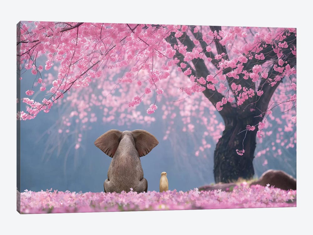 Elephant And Dog Sits Under Cherry Blossoms by Mike Kiev 1-piece Art Print