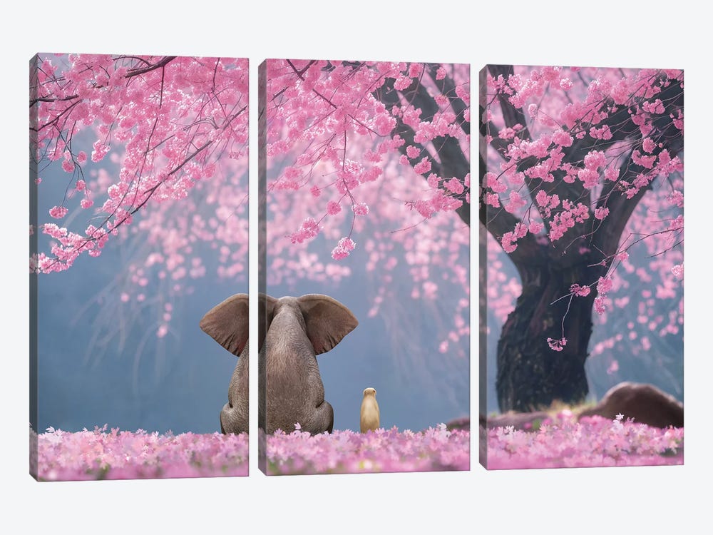 Elephant And Dog Sits Under Cherry Blossoms by Mike Kiev 3-piece Canvas Art Print
