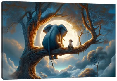 Elephant And Dog Sitting On A Tree And Looking At The Moon II Canvas Art Print - Mike Kiev