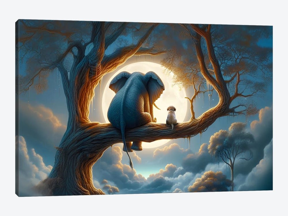 Elephant And Dog Sitting On A Tree And Looking At The Moon II by Mike Kiev 1-piece Canvas Artwork