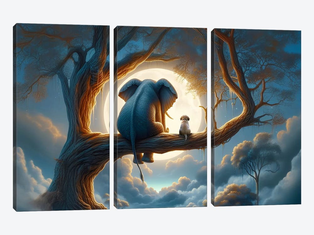 Elephant And Dog Sitting On A Tree And Looking At The Moon II by Mike Kiev 3-piece Canvas Art