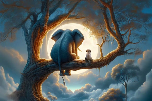 Elephants: Elephant And Dog Sitting On A Tree And Looking At The Moon II by Mike Kiev