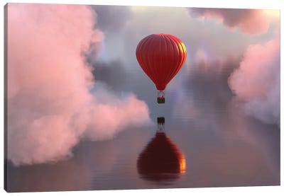 Hot Air Balloon Flies Over Water III Canvas Art Print - Virtual Escapism
