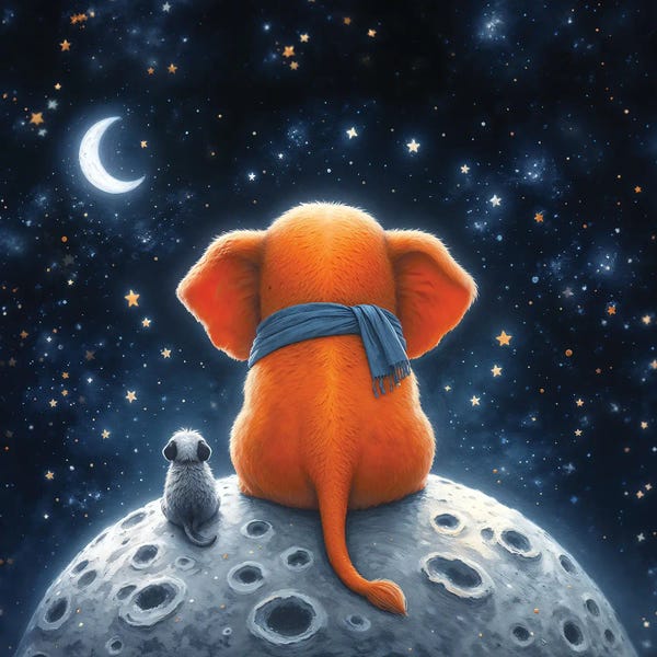 Mike Kiev: Orange Elephant And Dog Sitting On The Moon by Mike Kiev