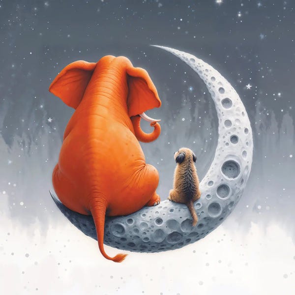 Mike Kiev: Orange Elephant And Dog Sitting On The Moon II by Mike Kiev