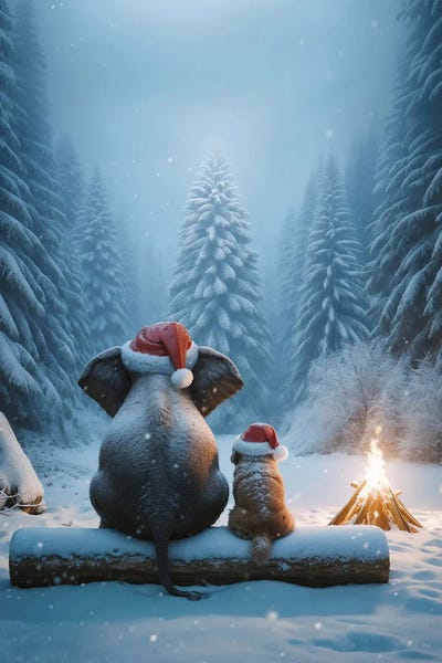 Christmas Animals: Elephant And Dog Are Sitting In The Forest Looking At Christmas Tree by Mike Kiev