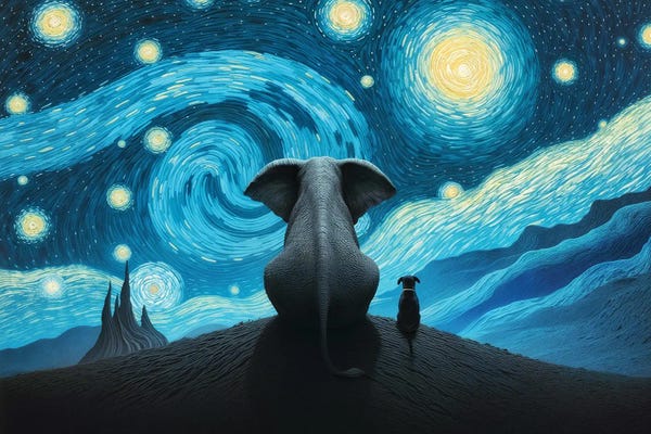 Fine Art Print: Elephant And Dog Looking At Starry Night by Mike Kiev
