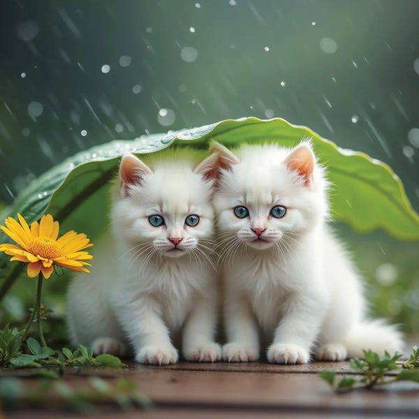Mike Kiev: Two Cute White Kittens Hid From The Rain Under A Leaf by Mike Kiev