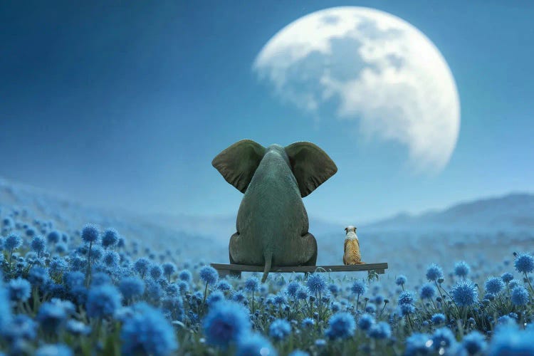 An Elephant And A Dog Are Sitting In A Flowering Field And Looking At The Moon by Mike Kiev wall art