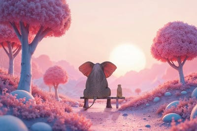 Elephant And Dog Sitting In Fantasy Garden by Mike Kiev multi panel art