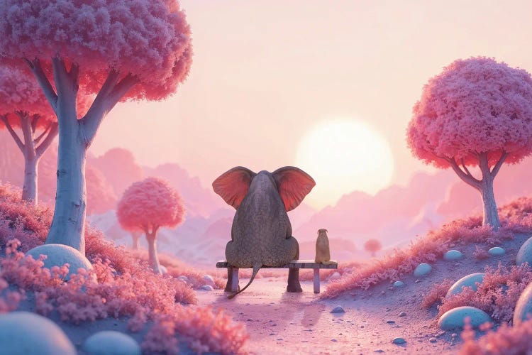 Elephant And Dog Sitting In Fantasy Garden by Mike Kiev wall art