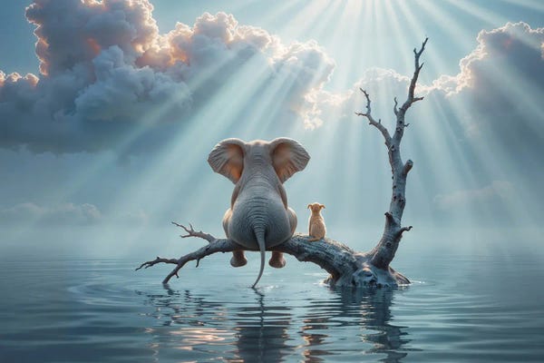 Violet: Elephant And Dog Sit On A Tree Escaping From The Flood by Mike Kiev