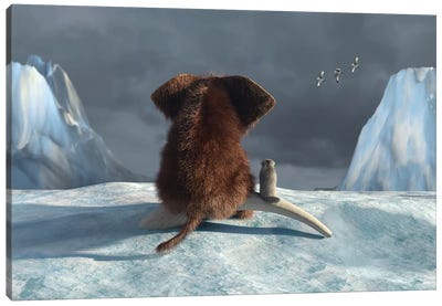 Mammoth And Dog Looking On Glacier Canvas Art Print - Mammoth Art