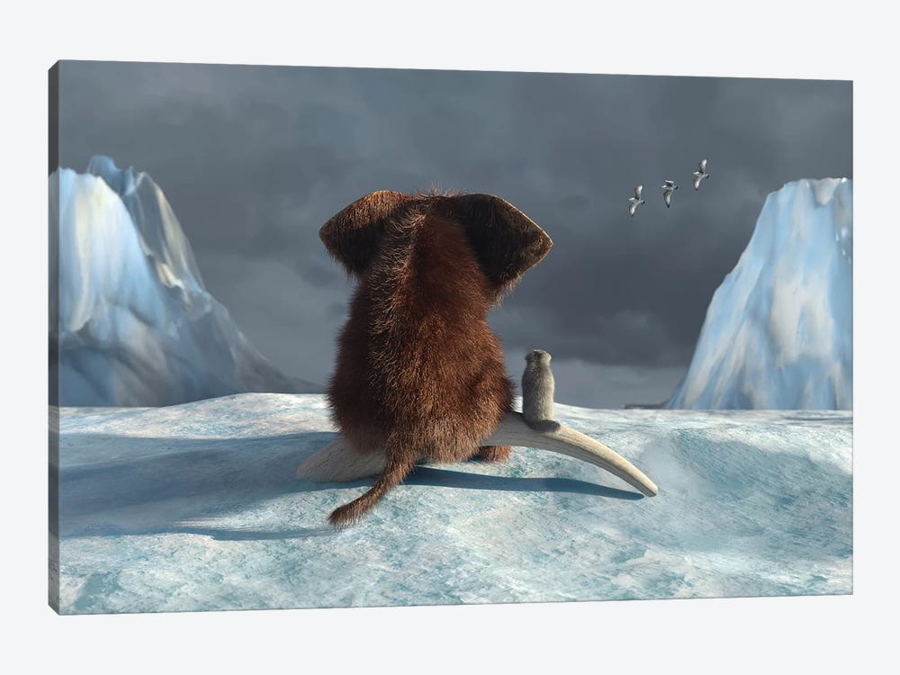 Mammoth And Dog Looking On Glacier by Mike Kiev 1-piece Art Print