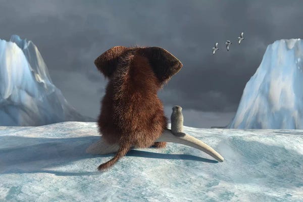 Prehistoric Animals: Mammoth And Dog Looking On Glacier by Mike Kiev