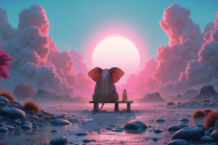 Elephant And Dog Are Sitting In A Fantasy Landscape And Looking At Sunrise by Mike Kiev wall art