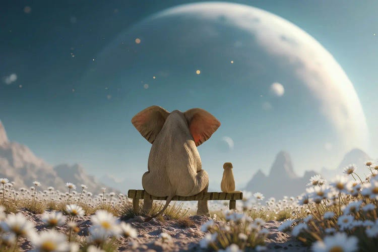 An Elephant And A Dog Are Sitting In A Flowering Field And Looking At The Sky by Mike Kiev wall art