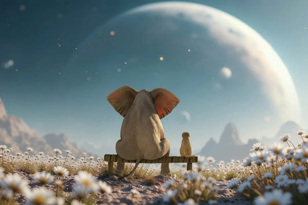 An Elephant And A Dog Are Sitting In A Flowering Field And Looking At The Sky