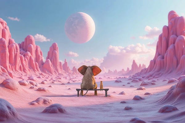 Dog Photography: Elephant And Dog Are Sitting On A Fantasy Planet by Mike Kiev