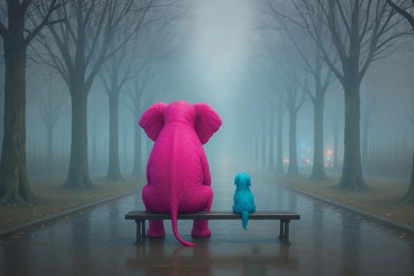Pink Elephant And Blue Dog Sitting In Foggy Park