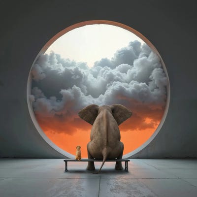 Elephant And Dog Sitting In Front Of Window by Mike Kiev metal wall art