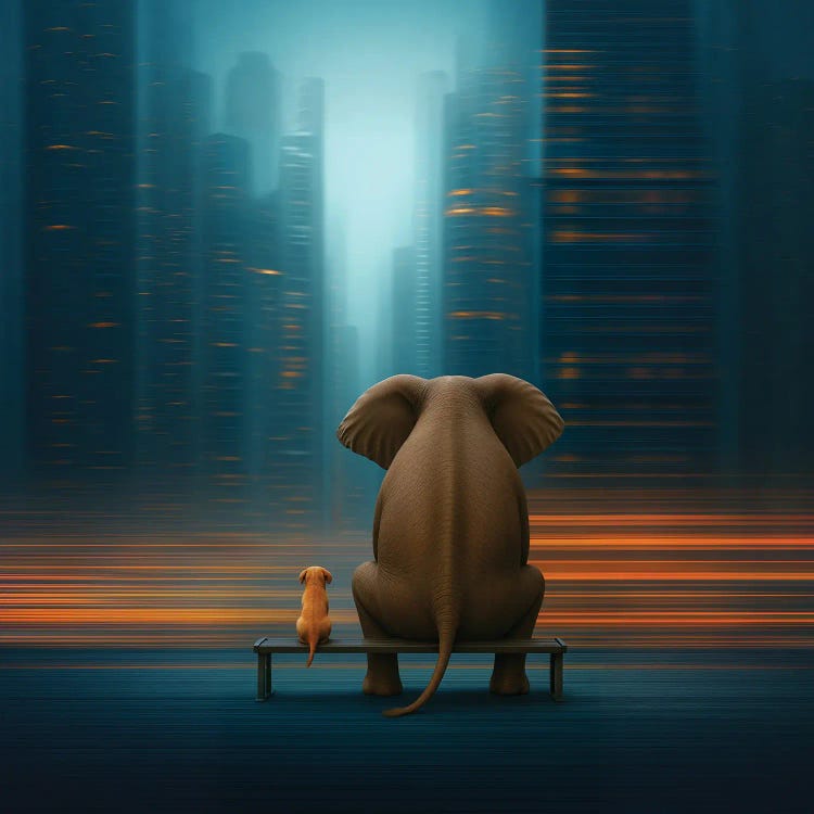 Elephant And Dog Sitting At Bus Stop In City by Mike Kiev wall art