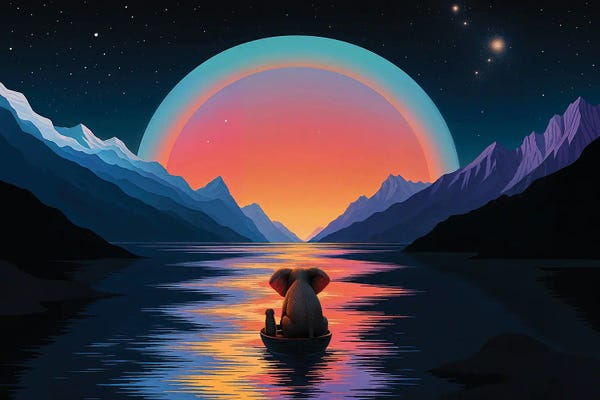 Elephant And Dog Are Sailing In A Boat Towards The Setting Sun