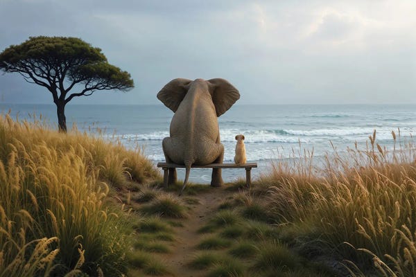 Fine Art Print: Elephant And Dog Sitting On The Seashore by Mike Kiev
