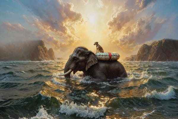 Fine Art Print: An Elephant And A Dog Braving The Stormy Sea by Mike Kiev