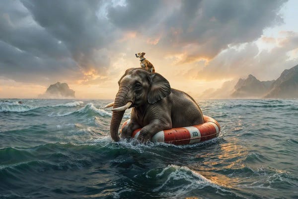 Fine Art Print: Elephant And Dog Drift On Lifebuoy In Storm by Mike Kiev