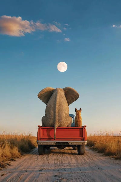 Fine Art Print: Elephant And Dog Travel In The Back Of A Car by Mike Kiev