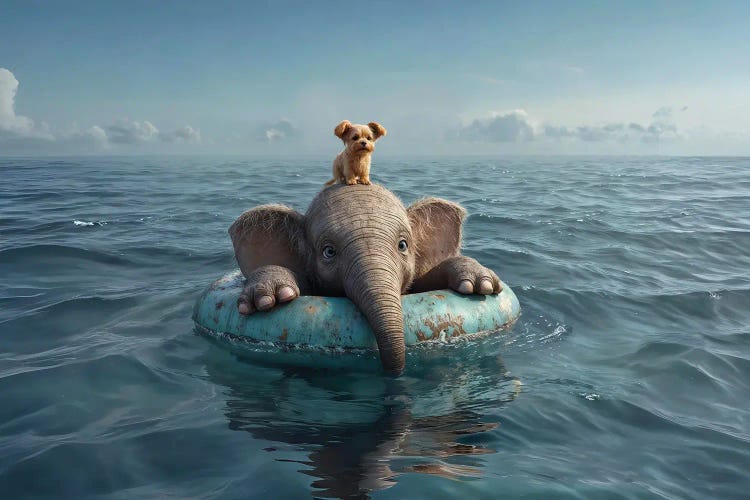 Elephant And Dog Drift On Lifebuoy by Mike Kiev wall art