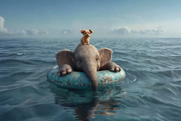 Fine Art Print: Elephant And Dog Drift On Lifebuoy by Mike Kiev
