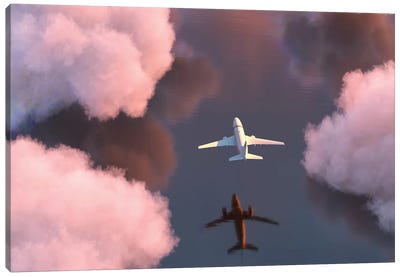 Airplane Flies Over The Water Canvas Art Print - Sunset Shades