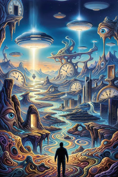 Surreal Landscape With UFOs And Clocks In Alien World