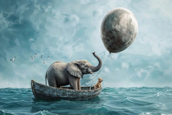Mike Kiev: Dream Journey, Elephant And Dog In A Boat Following A Moon Balloon by Mike Kiev