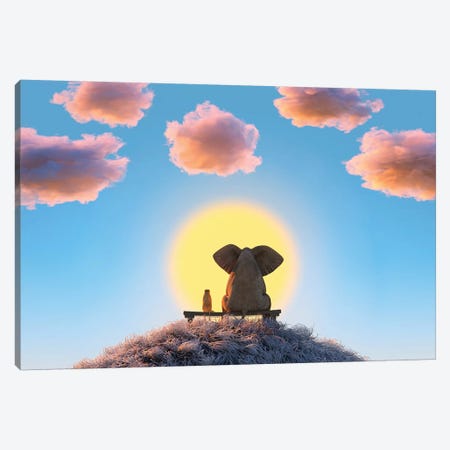Elephant And Dog Are Sitting On A Hill Canvas Print #MII50} by Mike Kiev Canvas Art