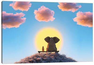 Elephant And Dog Are Sitting On A Hill Canvas Art Print - Mike Kiev