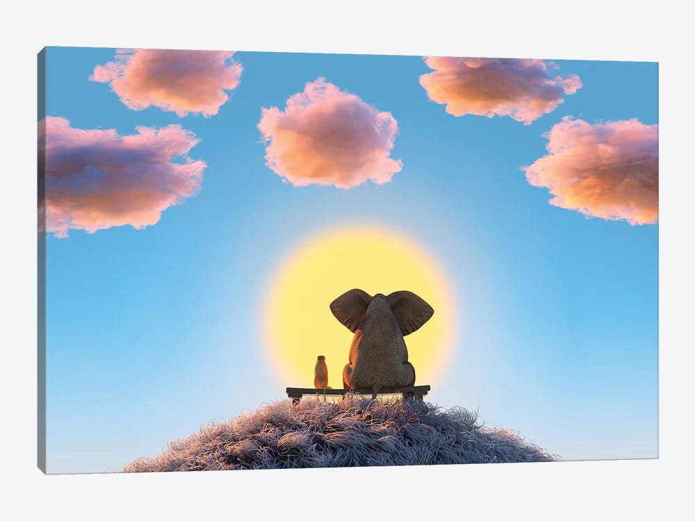 Elephant And Dog Are Sitting On A Hill by Mike Kiev 1-piece Art Print