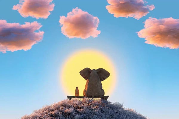 Mike Kiev: Elephant And Dog Are Sitting On A Hill by Mike Kiev