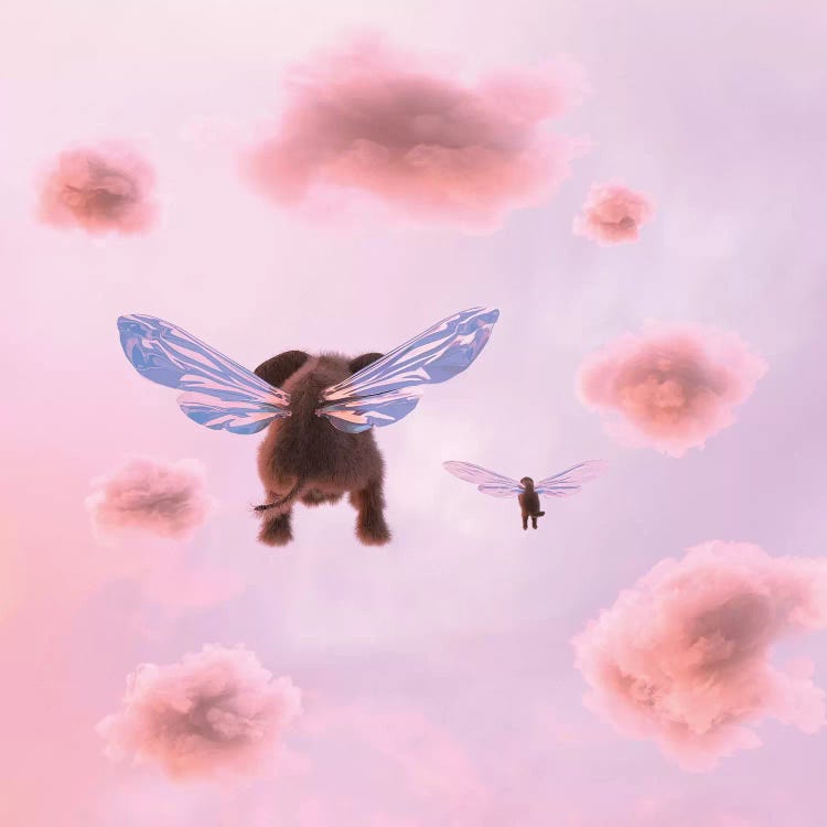 Elephant And Dog Are Flying In The Clouds