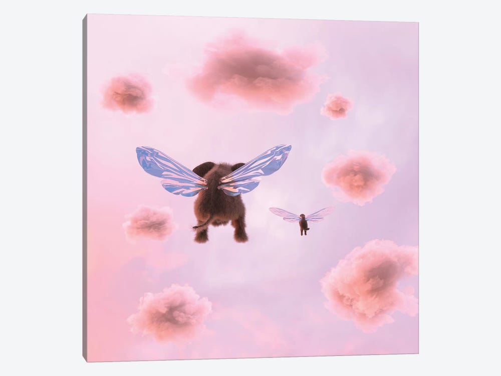 Elephant And Dog Are Flying In The Clouds 1-piece Canvas Wall Art