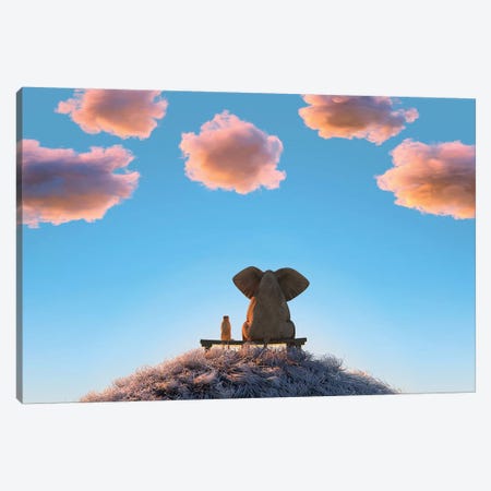 Elephant And Dog Are Sitting On A Hill II Canvas Print #MII52} by Mike Kiev Canvas Art