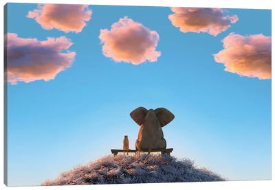 Elephant And Dog Are Sitting On A Hill II Canvas Art Print - Mike Kiev
