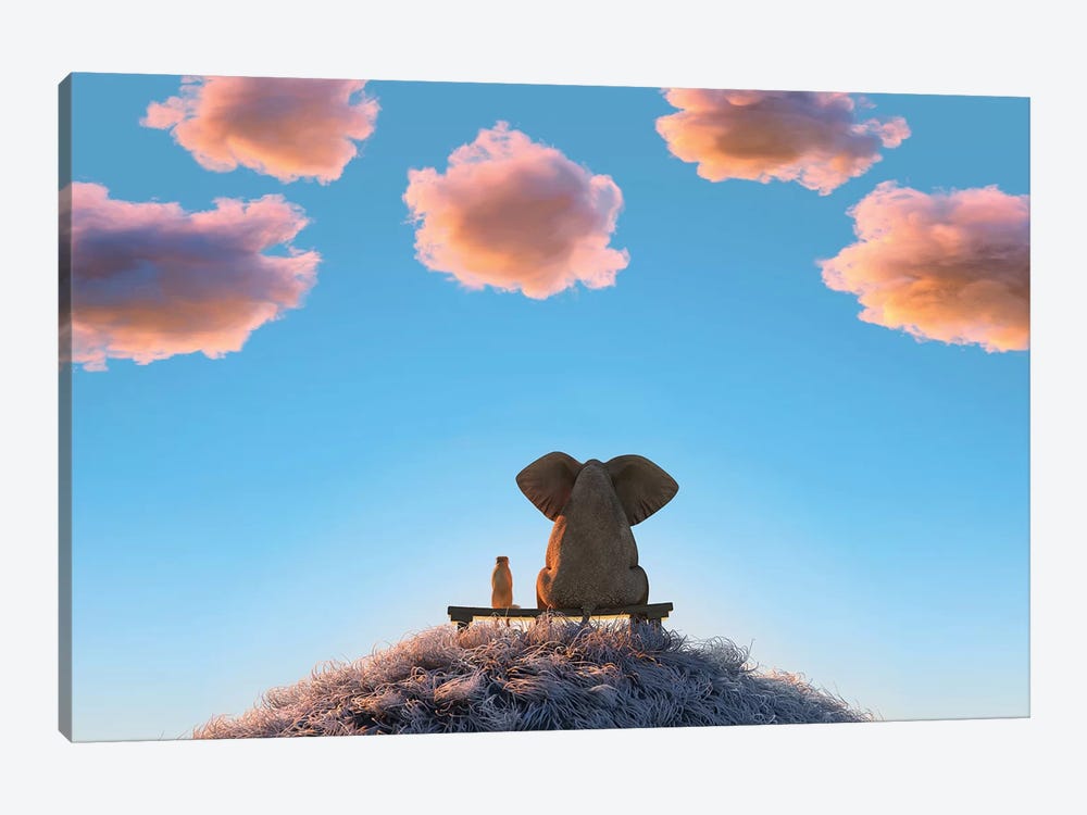 Elephant And Dog Are Sitting On A Hill II by Mike Kiev 1-piece Canvas Print