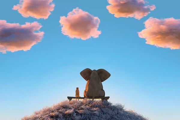 Mike Kiev: Elephant And Dog Are Sitting On A Hill II by Mike Kiev